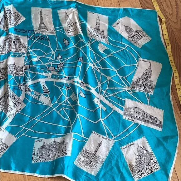PARIS SILK SCARF Beautiful TURQUOISE & CREAM VINTAGE FIND - Picture 1 of 16